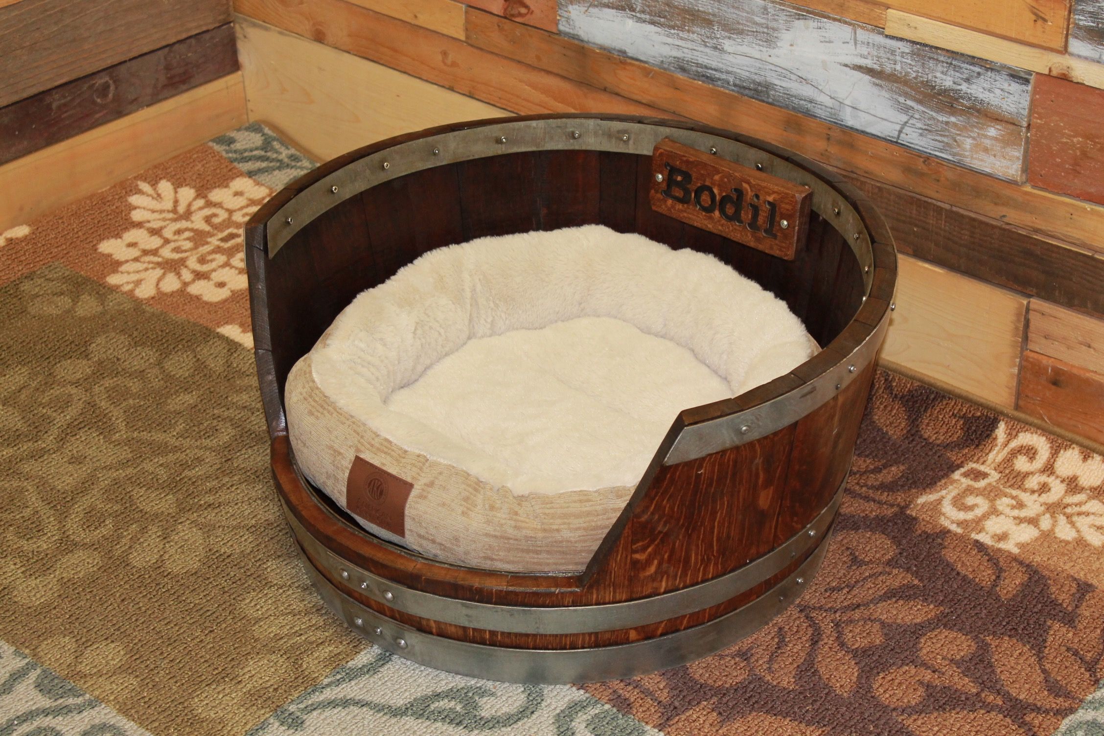 Buy Custom Personalized Wine Barrel Dog Bed, made to order from Top Shelf Barrel Furniture and