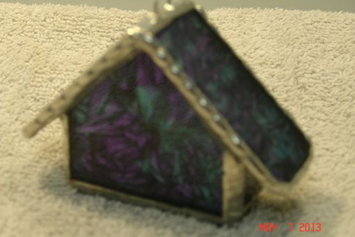 Custom Made Empty Nest Bird House Ornament In Van Gogh Blue Green / Violet Stained Glass