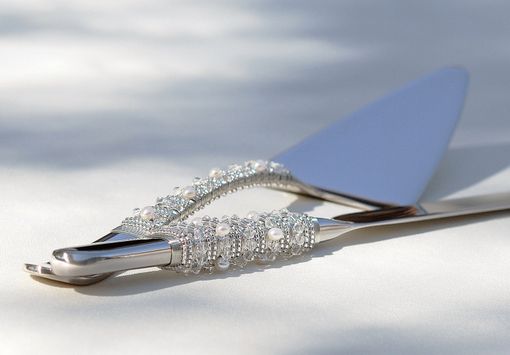 Custom Made Custom Wedding Cake Server And Knife Set  In Swarovski Crystals, Fresh Water Pearls, Glass Beads