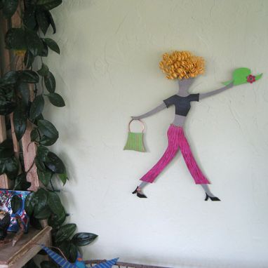 Custom Made Shopper Lady Art Sculpture - Babs - Reclaimed Metal Wall Decor Blonde Pink Lime Green