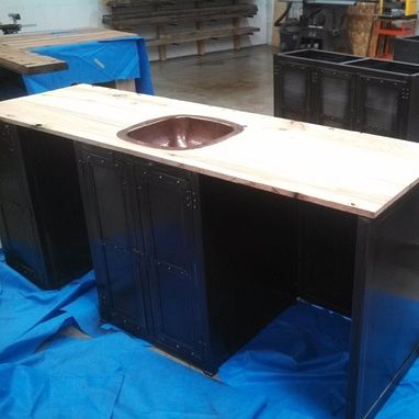Custom Made Custom Wine Cellar Cabinets, Reclaimed Wood And Steel Cabinets, Hammered Copper Sink, Mini Fridge