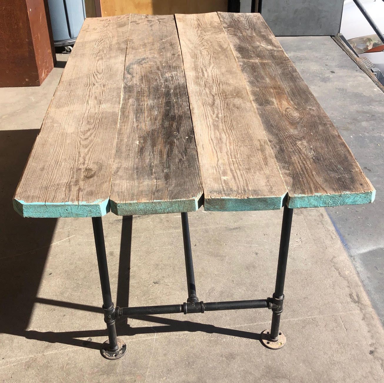 Hand Crafted Reclaimed Scaffold Plank Table With Steel Pipe Base by