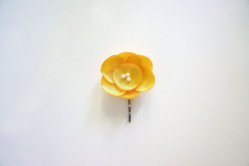 Custom Made Yellow Hair Pin With Satin Flower And Pearls