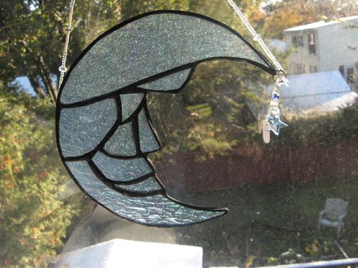 Custom Made Stained Glass Moon Light Catcher With Crystal Star Dangle