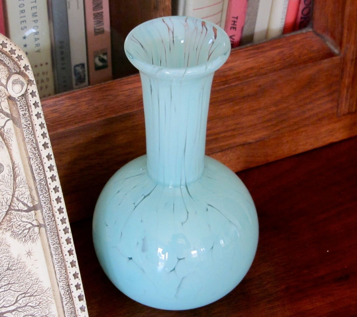 Hand Crafted Ocean Blue Glass Vase Hand Blown Long Neck by David