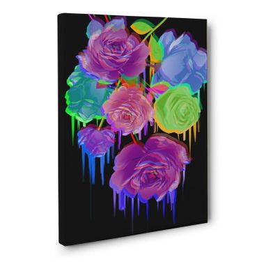 Custom Made Neon Roses Deep Black Canvas Wall Art