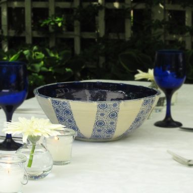 Custom Made Pottery Serving Bowl In Cream With Blue Flowers