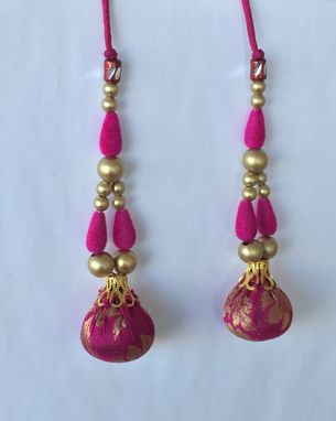 Custom Made Hot Pink Brocade Silk Fabric Balls,Gold Beads, Hanging In Silk Dori .L- 4' W- 1'