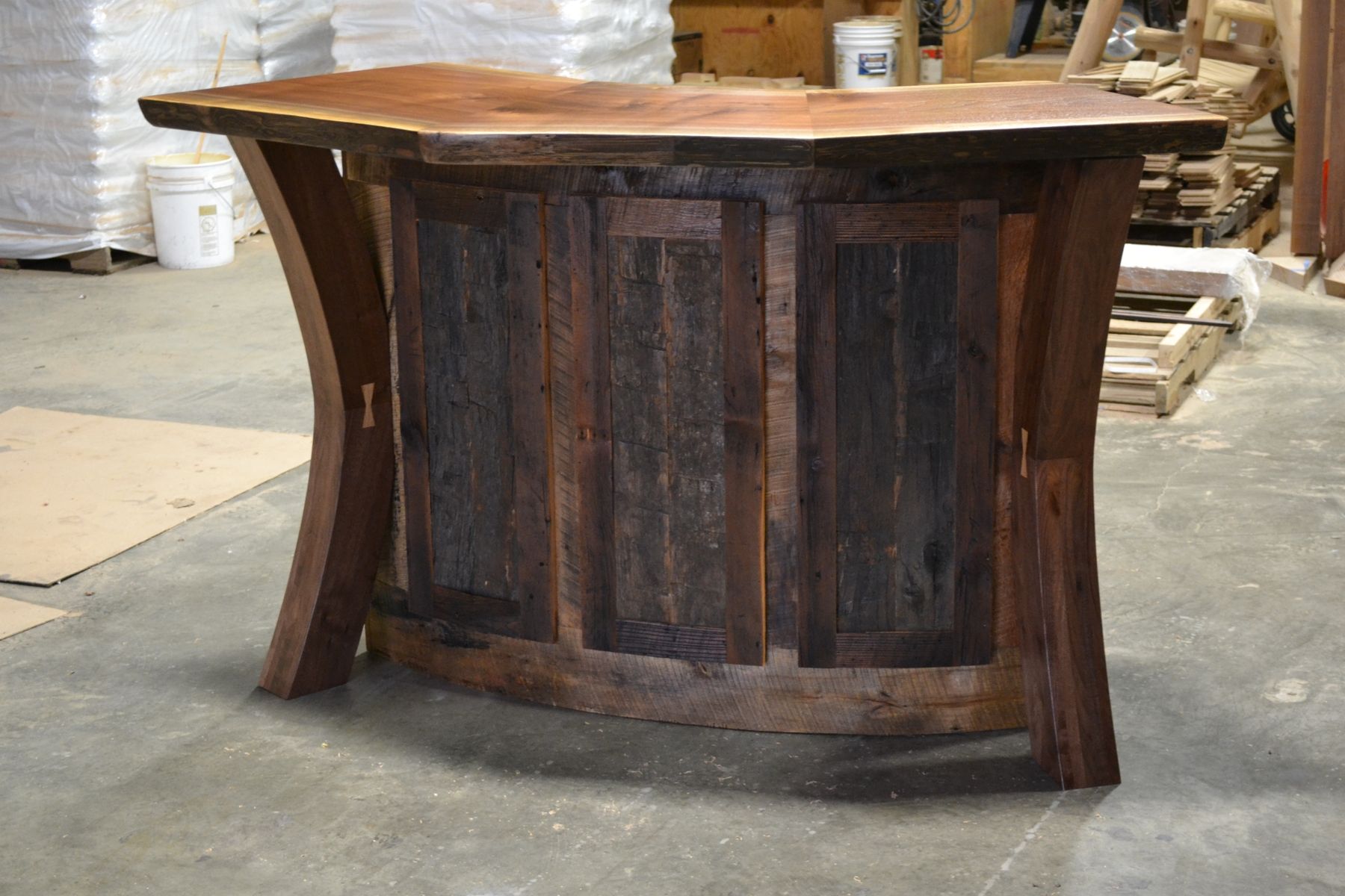 Hand Crafted Live Edge Walnut And Reclaimed Curved Bar / Reception Desk
