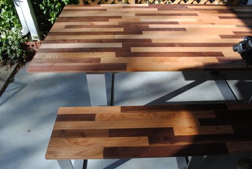 Custom Made Dining Table And Matching Bench - Mixed Hardwood Top With Powder-Coated Steel Base