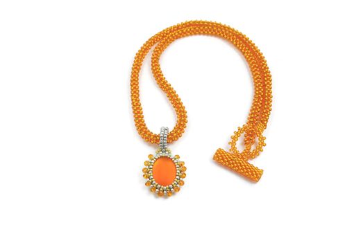 Custom Made Bright Neon Orange Pendant And Beaded Necklace