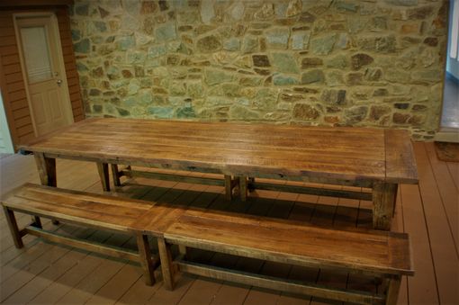 Custom Made Reclaimed Hand Hewn Tapered Leg Farm Table With Bench Set