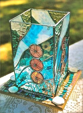 Custom Made Stained Glass Lantern With Art Glass Mosiac Base - Sand Dolloars On The Beach