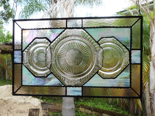 Custom Made Recycled Pink Depression Glass, Antique Stained Glass Window Transom, Old Window Valance