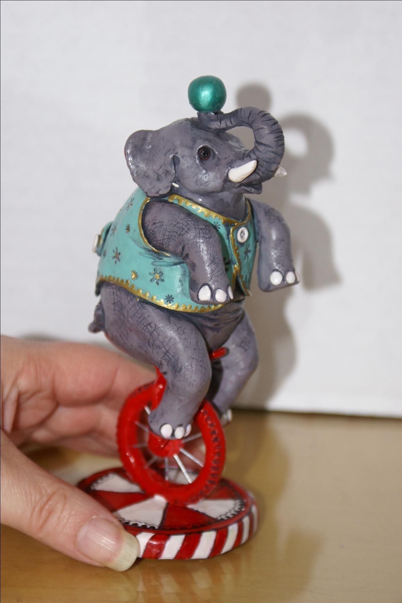 Hand Made Hand Sculpted Polymer Figurine Of Circus Elephant In Teal On ...