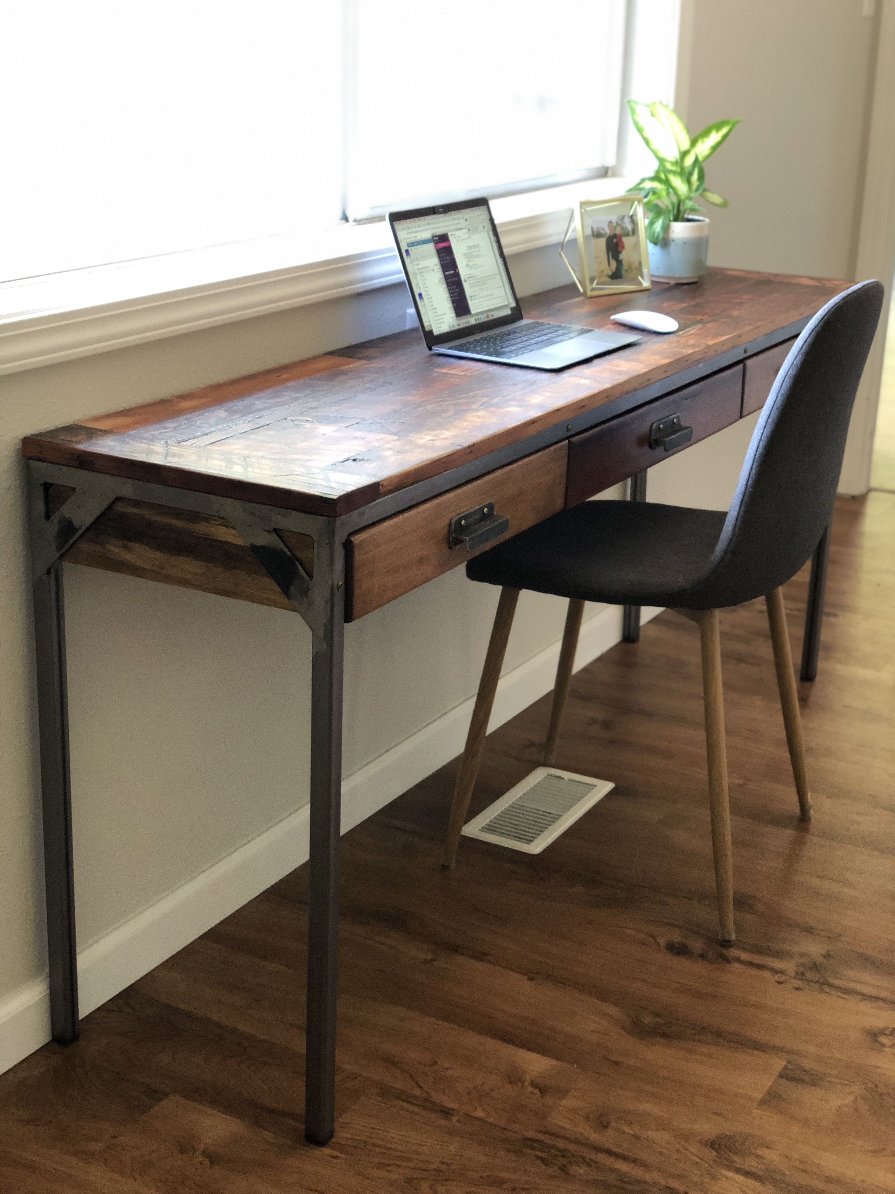 Hand Crafted Reclaimed Wood & Steel Desk 3 Drawers, Douglas Fir by