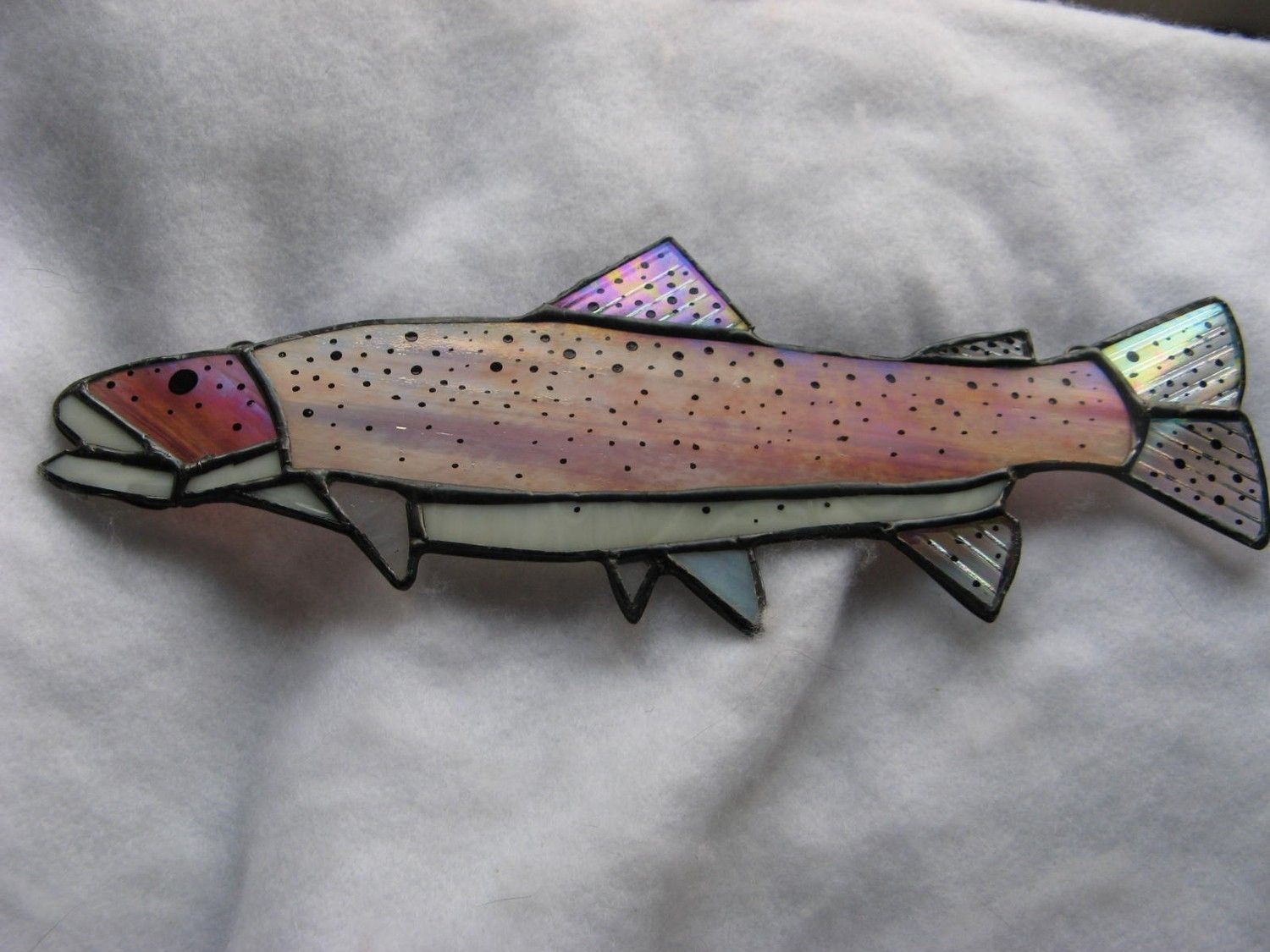 Hand Made Stained Glass Rainbow Trout In Iridescent Pink by Glass