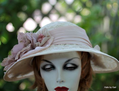 Custom Made Vintage Edwardian Wide Brim Hat In Ivory Lace Taupe And Pale Pink