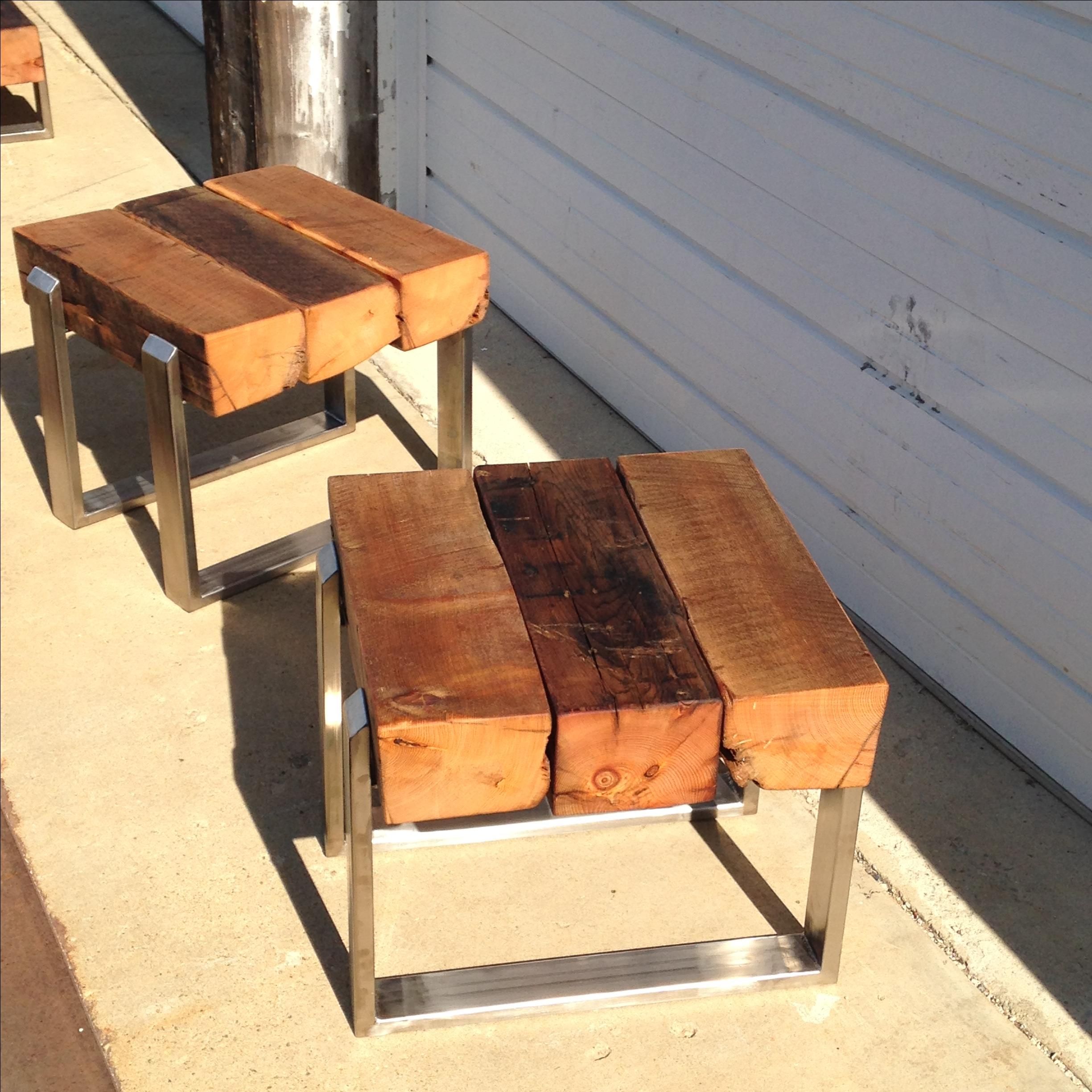 Custom Living Room Table Set, Stainless Steel And 8x8 Beam Coffee Table