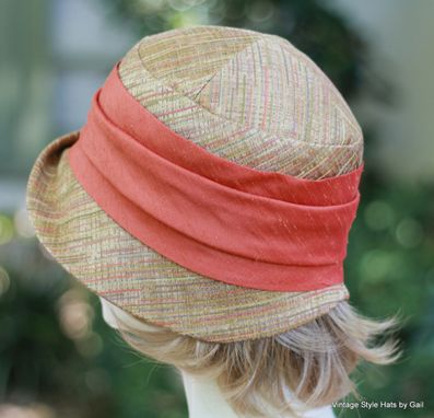 Custom Made Womens Cloche Hat 20'S Style In Earth Tones With Orange Trim