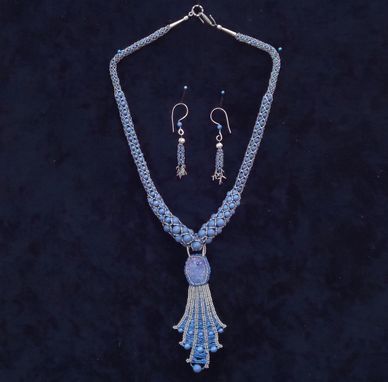 Custom Made Beaded Necklace And Earrings; Long Blue And Silver