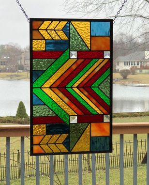 Custom Made Arts And Crafts Prairie Mission Style Stained Glass Window Panel Hanging