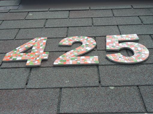 Custom Made Address Numbers In Mosaic Tile In Orange, Coral And Green Stained Glass