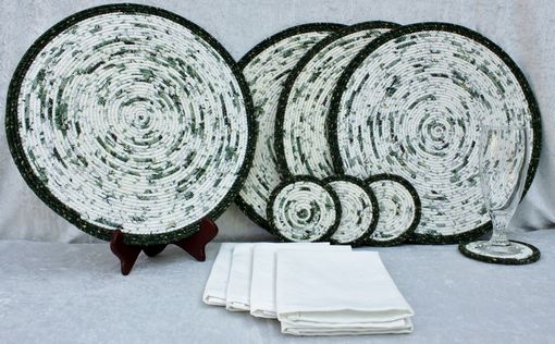 Custom Made Fabric Placemat Set (4) - Fabric Wrapped Clothesline - Coiling - Dk Green/Ivory