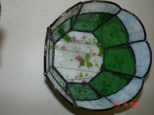 Custom Made Stained Glass Flower Pot In Springtime Green With Pink And White Streamer Flowers