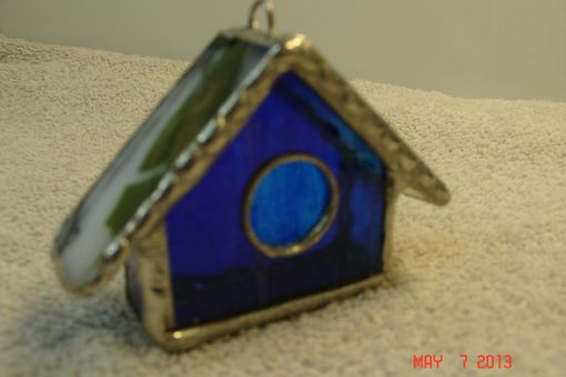Custom Made Empty Nest Bird House Ornament In Colbalt Blue With Green / Pink Roof