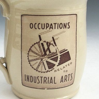 Custom Made Pottery Mug In Cream And Burgundy With Wpa Posters