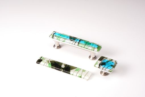 Custom Made Skyblue With Green Fractures And Streamers Stacked Ivory Fused Glass Cabinet Pull