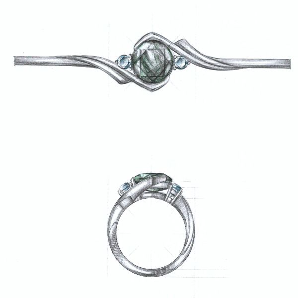 Design sketch for a curvy, modern engagement ring with a moss agate center stone.