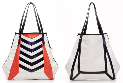 Custom Made Leather Shopper Tote With Chevron Stripes And Contrast Trim