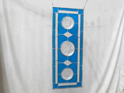 Custom Made Vintage Stained Glass Transom Window, Depression Glass Stained Glass Panel