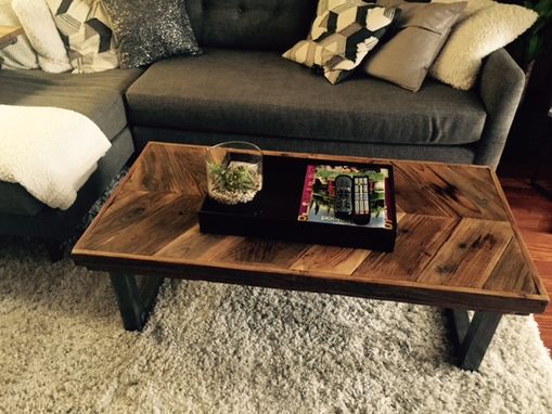 Custom Made Reclaimed Wood Chevron Coffee Table With Tubular Steel Legs