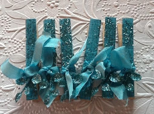 Custom Made Turquoise Blue Glittery Ribboned Flocked Paper Covered Clips