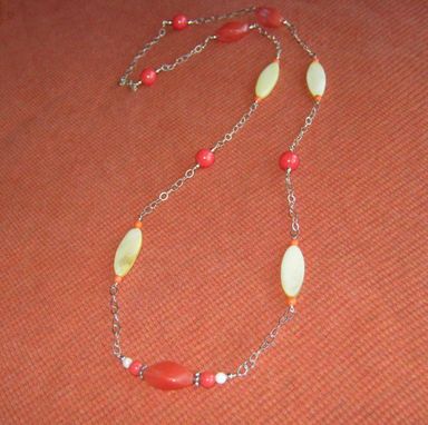 Custom Made Cherry Quartz And Mother Of Pearl Silver Long Necklace - Free Shipping
