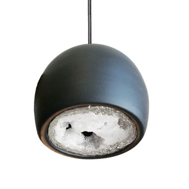 Custom Made Led Geode Leafed Gem & Porcelain Mini Matte Black Clay Pendant Light