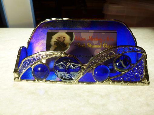 Custom Made Blue Iridescent Moon Face Stained Glass Business Card Holder