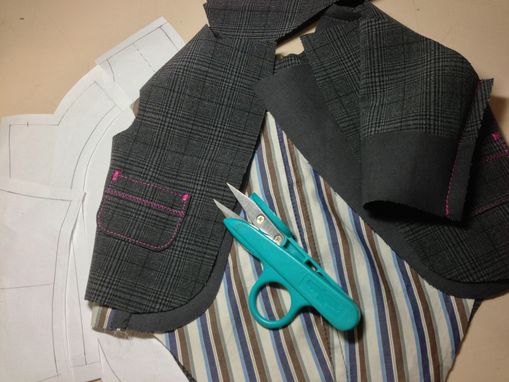 Custom Made Grey Wool Check And Pink Stitch Boy's Tailored Jacket And Collar And Bow Tie