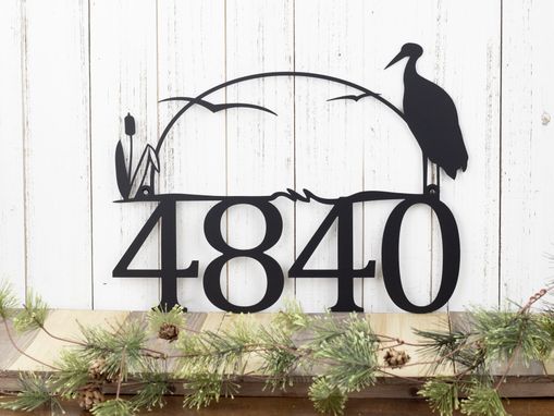 Custom Made Metal House Number Sign, Heron - Matte Black Shown