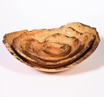 Custom Made Nested Set Of Four Natural Edge Cherry Burl Bowls.