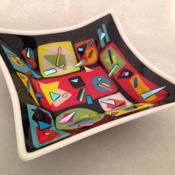 Hand Crafted Large Fused Glass Square Bowl With Geometric Shapes by ...