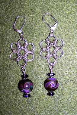 Custom Made Handmade Lentil Lampwork Beads With Sterling Silver Chainmaille Earrings Olive Green And Violet