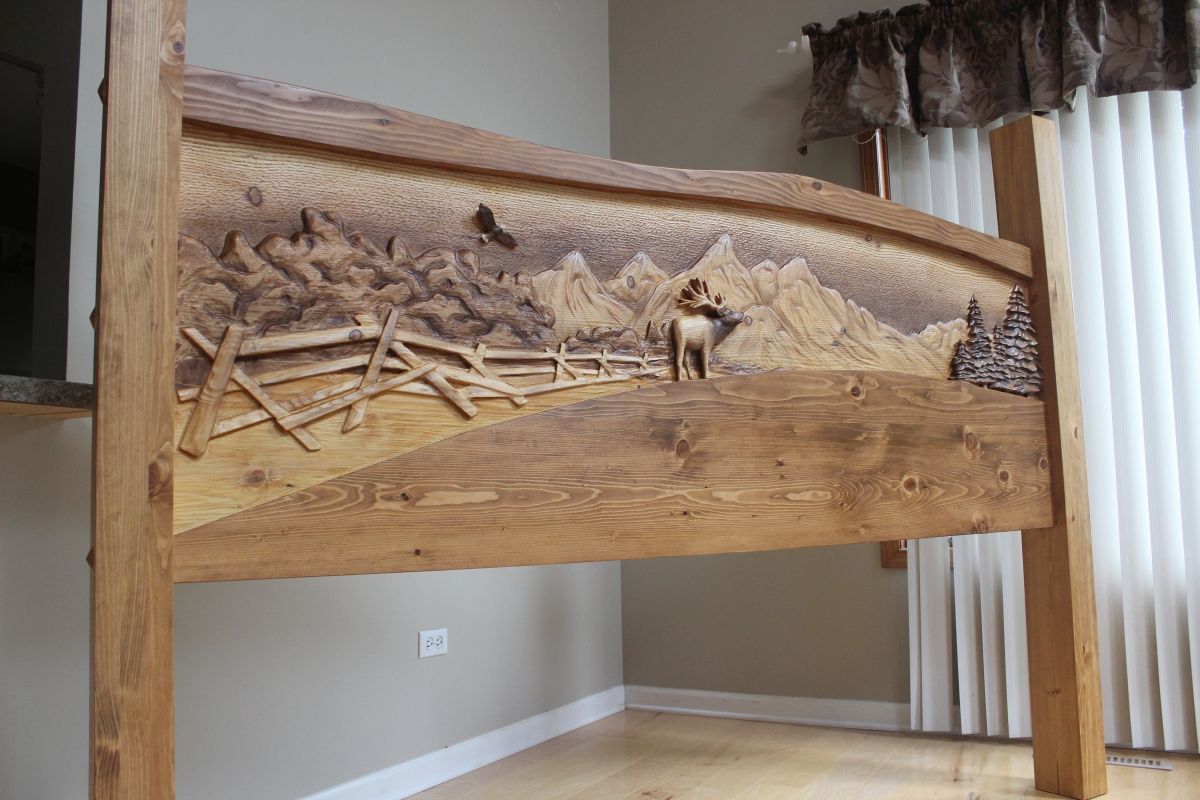 Hand Made Hand Carved Wooden King Size Headboard, Handmade From Knotty