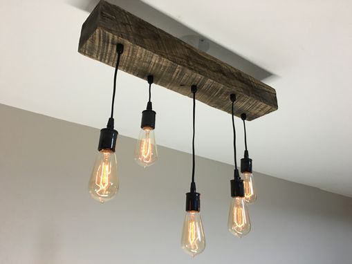 Custom Made Reclaimed Barn Timber Beam Light Fixture With Hanging Edison Bulbs