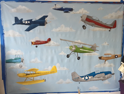 Custom Made Vintage Airplane Mural On Canvas 6' Tall By 8' Wide
