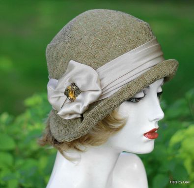 Custom Made Designer Cloche Hat In Sage Green And Brown Tones For Fall And Winter