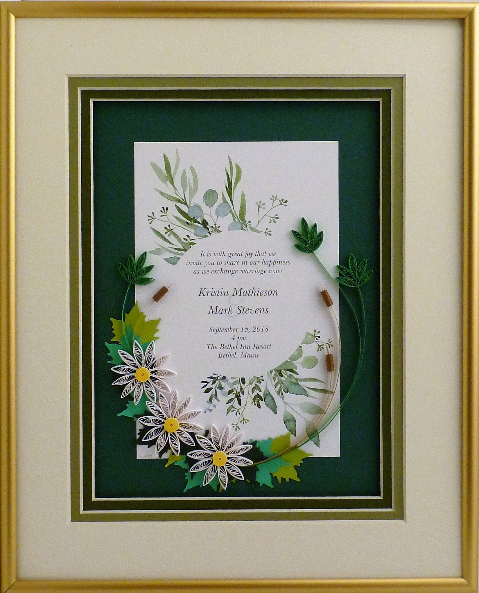Hand Made Wedding Invitation Quilled Keepsake Framed Wall Art Custom by